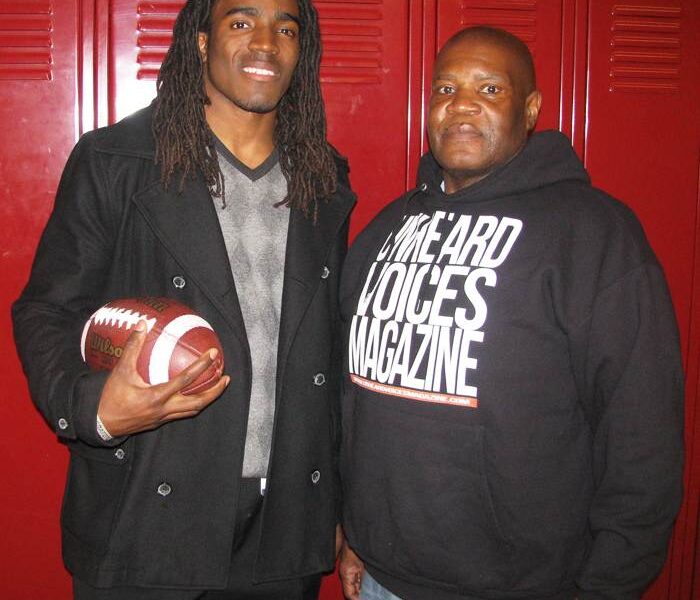 Football player Jerett Sanderson and the founder of Unheard Voices Magazine