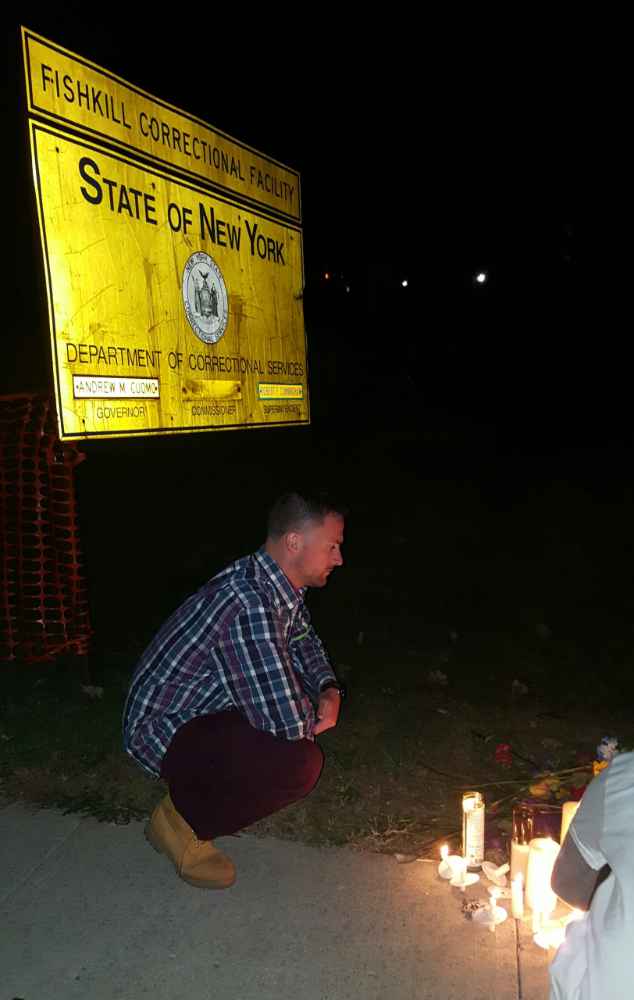 Erik Jensen remembers his friend Samuel Harrell at a memorial by the Fishkill Correctional Facility