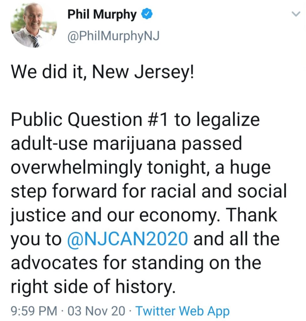 Gov Phil Murphy tweet on recreational marijuana