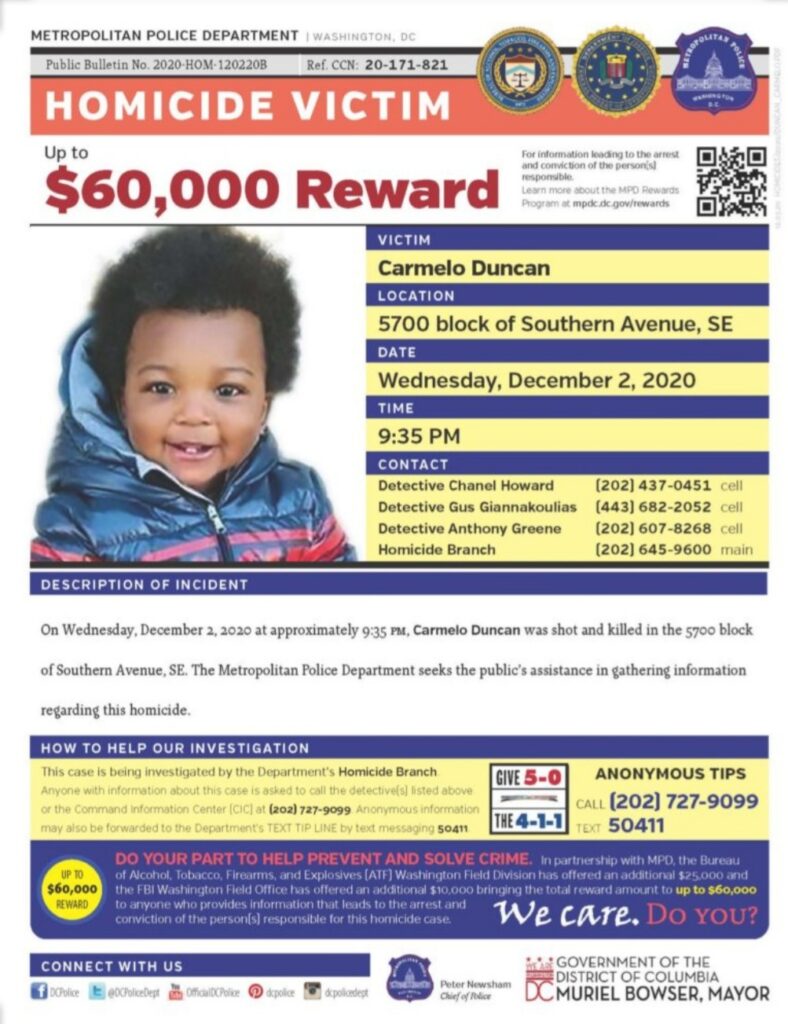1-year-old Carmelo Duncan Fatally Shot In Washington D.C, 60k Reward Offered