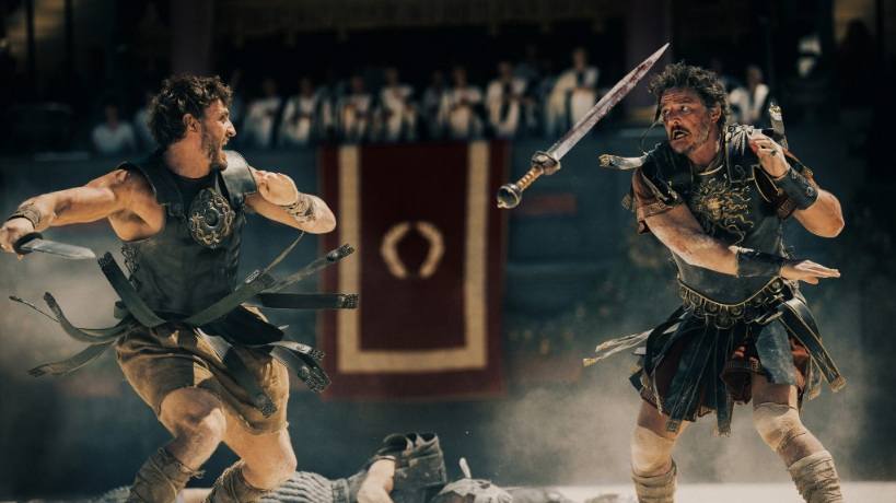 Paul Mescal plays Lucius and Pedro Pascal plays Marcus Acacius in Gladiator II from Paramount Pictures