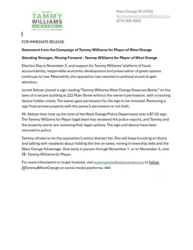 West Orange councilwoman mayor mayoral candidate Tammy Williams statement